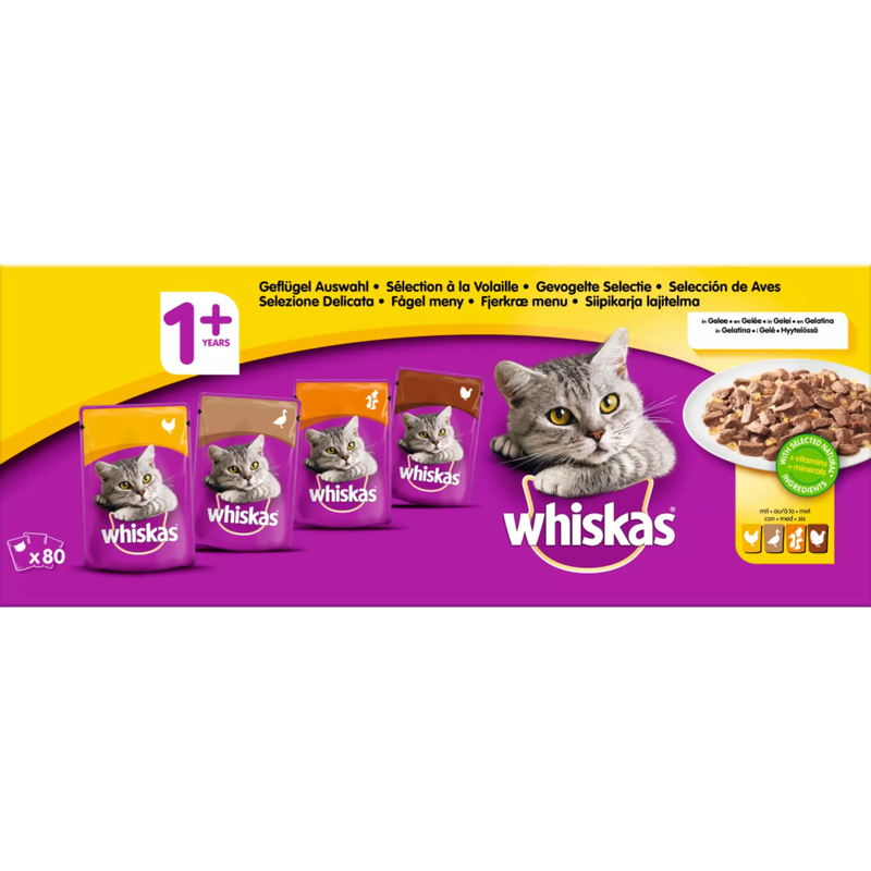 Whiskas Katten Natvoer, Adult, gevogelte selectie, Multipack (80 x 100g), 8 kg