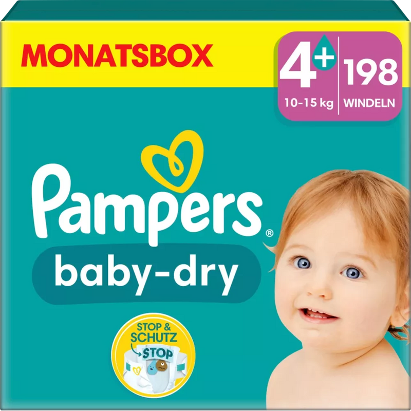 Pampers Luiers Baby Dry Gr.4+ Maxi Plus (10-15 kg), maandelijkse doos, 198 stuks.