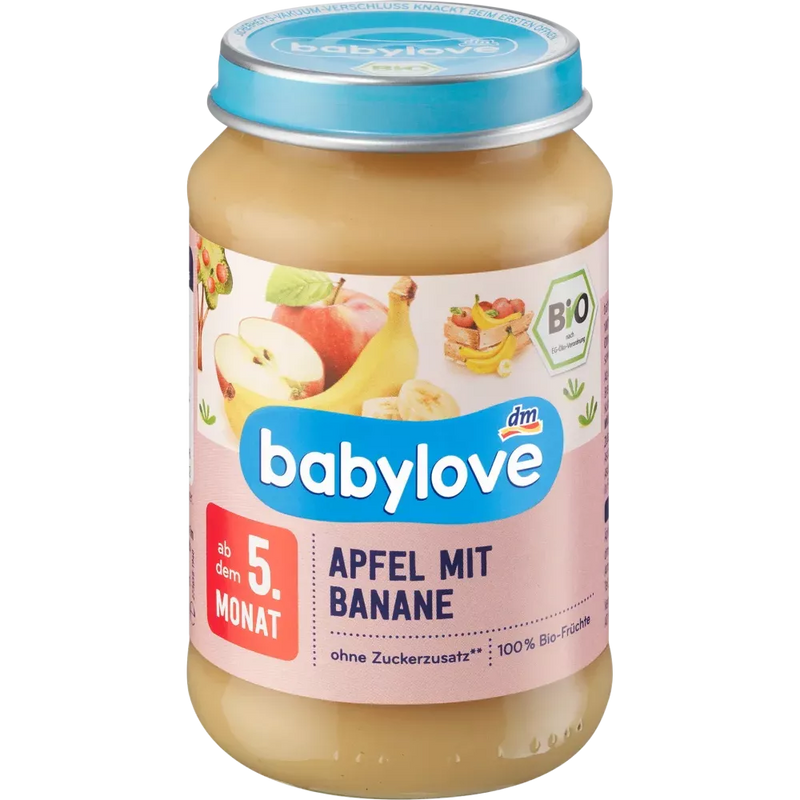 babylove Babymaaltijd 5+ Maanden Appel-banaan puree 100% biologische kwaliteit 190g