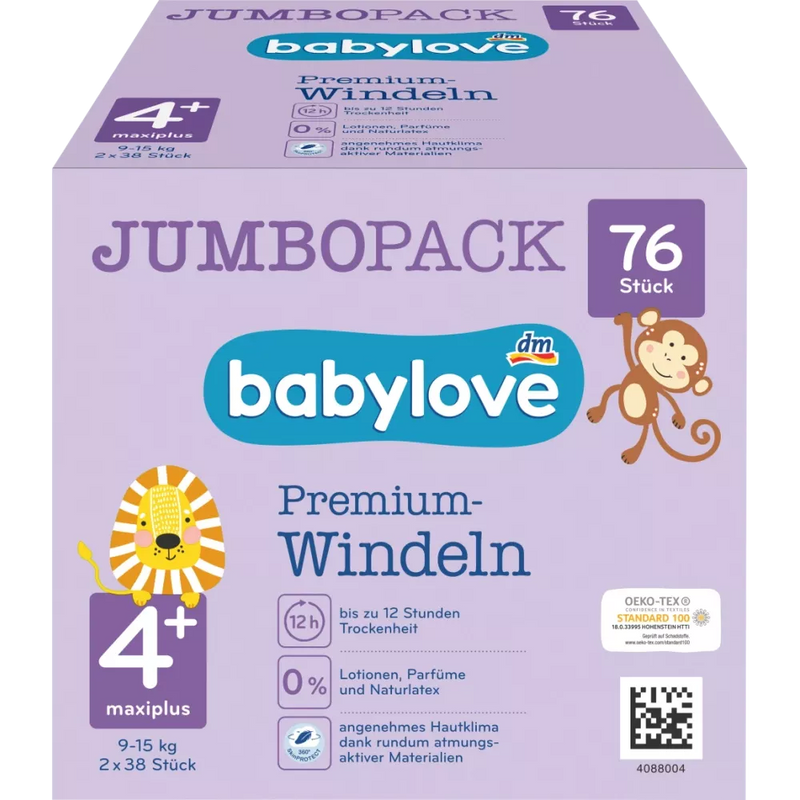 babylove Premium luiers maat 4+, Maxiplus, 9-15 kg, Jumbo Pack, 76 stuks