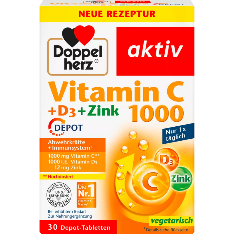 Doppelherz Vitamine C 1.000 + D3 + Zink Depot Tabletten 30 stuks, 42,9 g