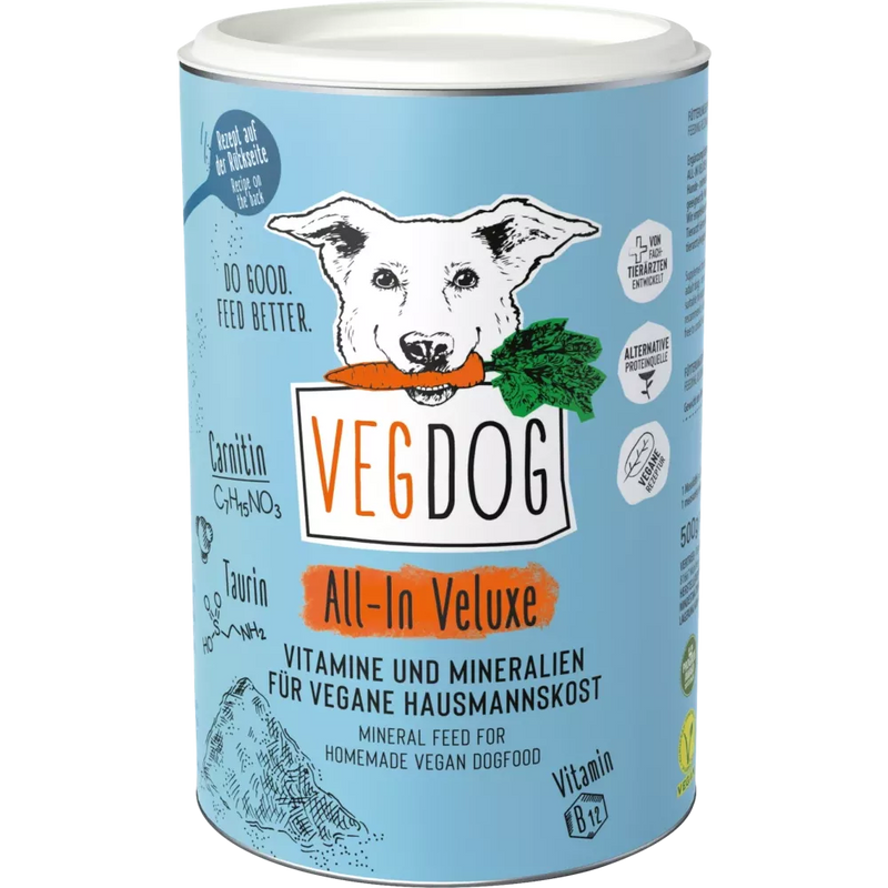 VegDog Voedingssupplement voor honden, ALL-IN-VELUXE, vitaminen en sporenelementen voor zelfgekookte, veganistische rantsoenen, 500 g