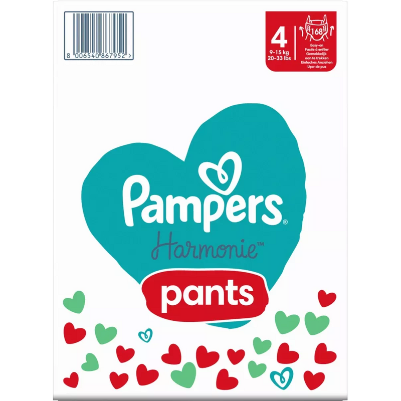 Pampers Babybroek Harmonie maat 4 Maxi (9-15 kg), maandelijkse doos, 168 stuks.