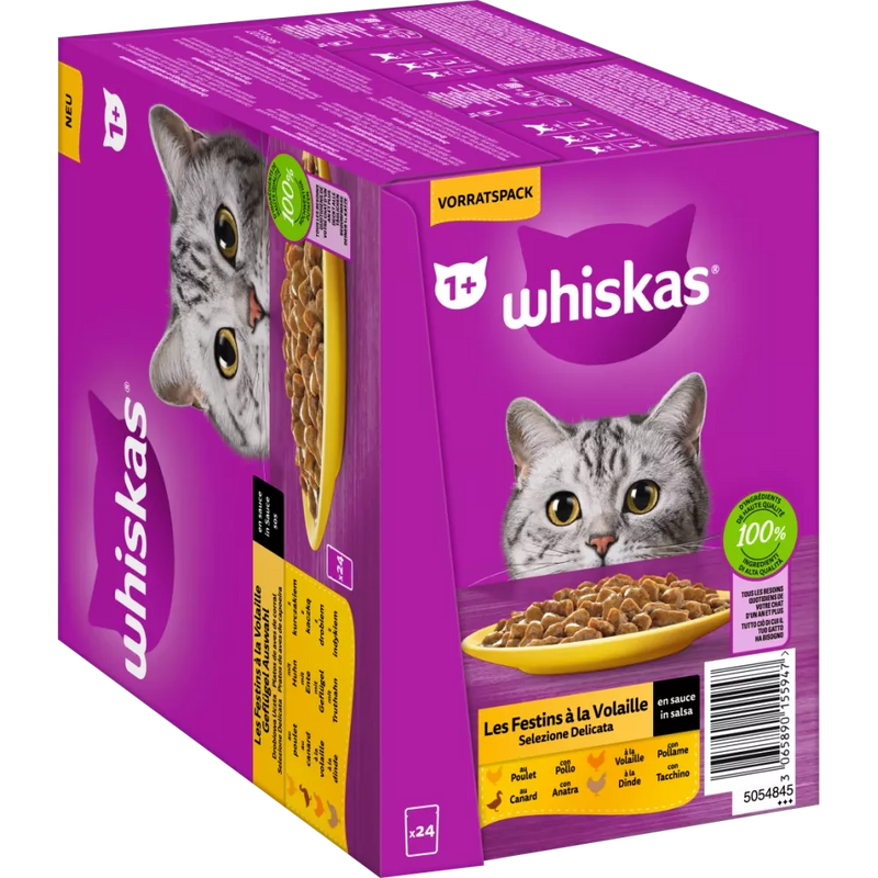Whiskas Nat Kattenvoer Gevogelte Selectie in Saus, Adult 1+ Multipack (24x85 g), 2.04 kg