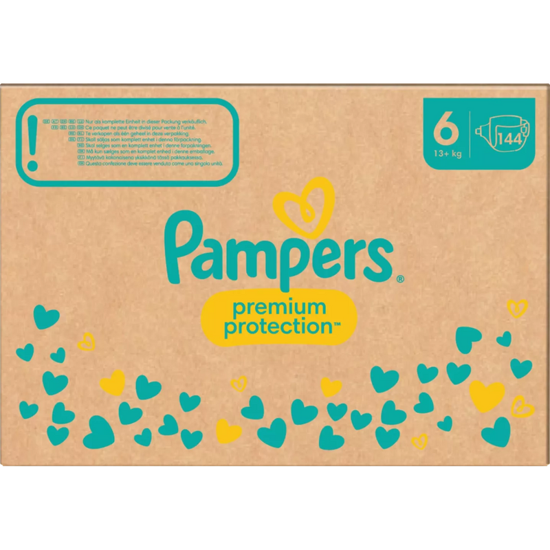 Pampers Luiers Premium Protection Gr.6 Extra Large (13+ kg), maandelijkse doos, 144 stuks.
