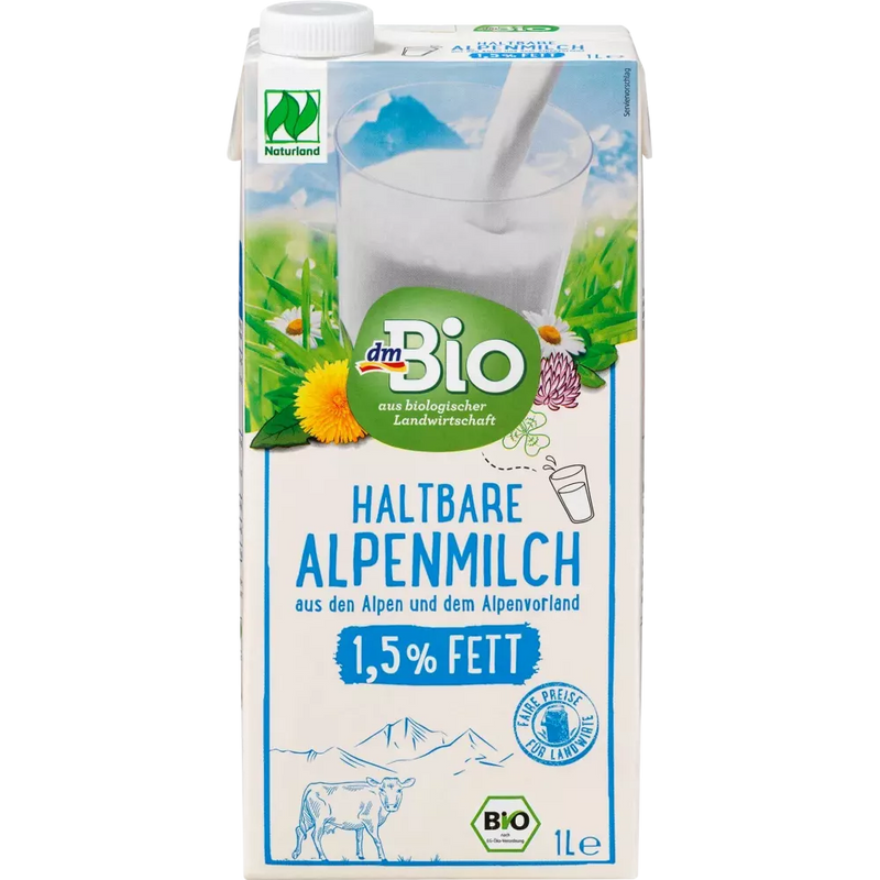 dmBio Melk, houdbare Alpenmelk 1,5% vet, Naturland, 1 l