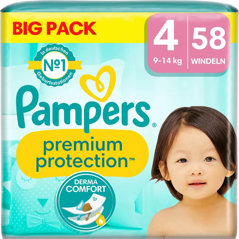 Couches Pampers Premium Protection taille 4 Maxi (9-14 kg), vrac, 58 pièces.