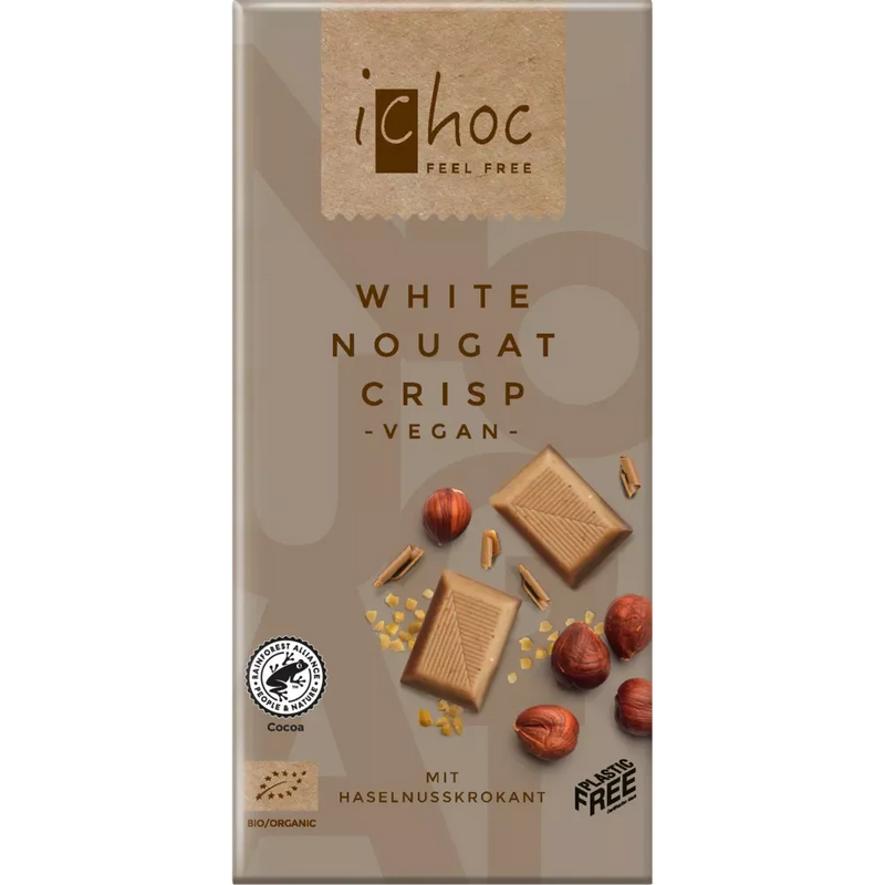 iChoc Chocolade, romige witte rijstchocolade met nougat & hazelnootbrittle, witte nougat krokant, 80 g