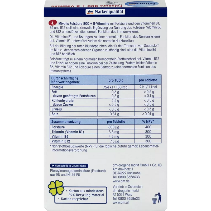 Mivolis Foliumzuur 800 + B-vitaminen, tabletten 60 stuks, 19 g