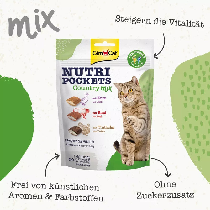 GIMCAT Snack voor katten, Nutri Pockets Country Mix met Eend, Rund & Kalkoen, 150 g