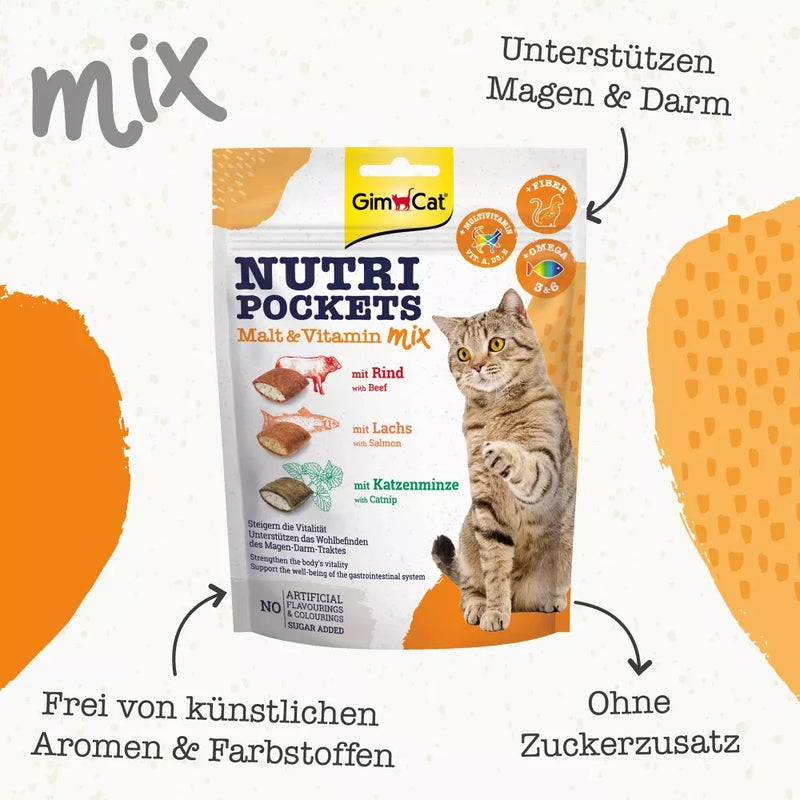 GIMCAT Snack voor katten, Nutri Pockets Malt Vitamin Mix met Rundvlees, Zalm & Catnip, 150 g