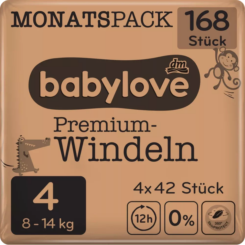babylove Premium luiers maat 4, Maxi, 8-14 kg, maandverpakking, 168 stuks