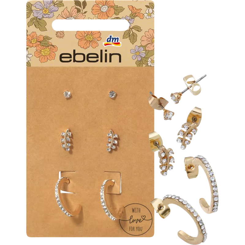 ebelin Oorsteker combinatie goud-look met strass, 6 stuks.