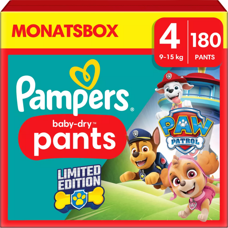 Pampers Baby Pants Baby Dry Gr.4 Maxi (9-15 kg) Limited Edition Paw Patrol, maandelijkse doos, 180 stuks.