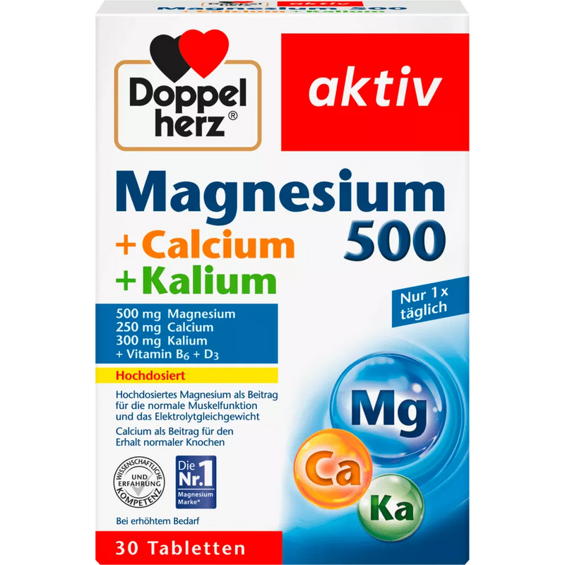 Doppelherz Magnesium 500 + Calcium + Kalium Tabletten (30 stuks), 69.6 g