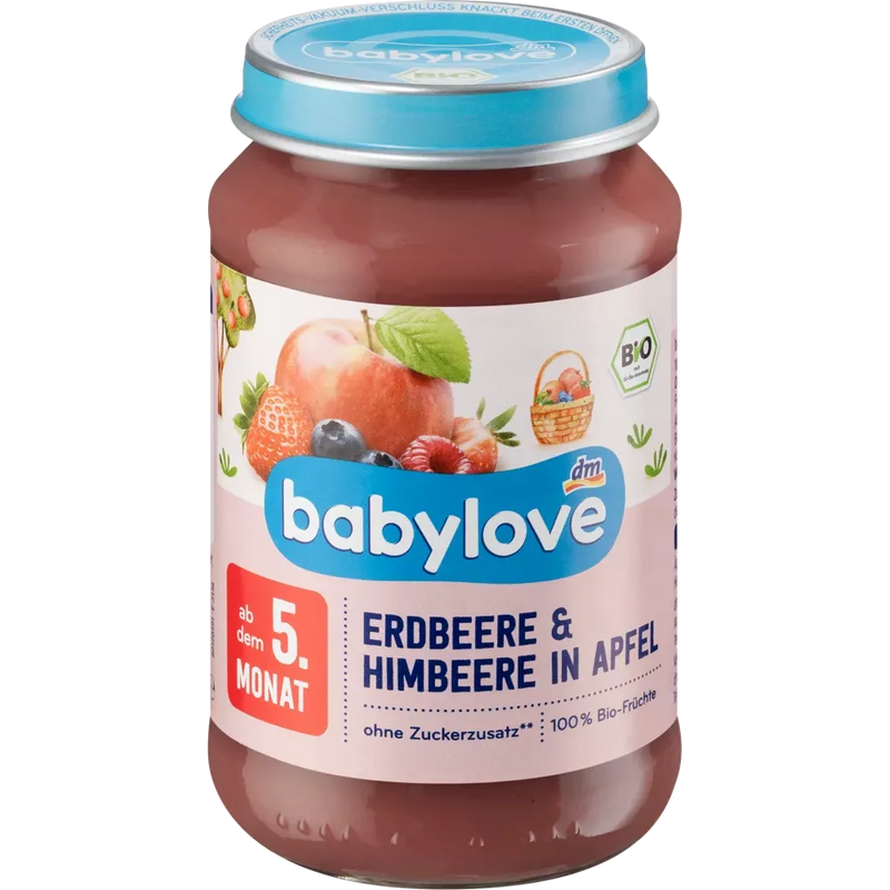 babylove Vruchten aardbei & framboos in appel vanaf 5 maanden, 190 g