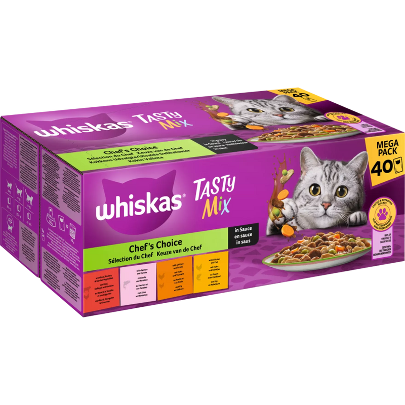 Whiskas Nat kattenvoer Chef's Choice in Saus, Smakelijke Mix Multipack (40x85 g), 3.4 kg
