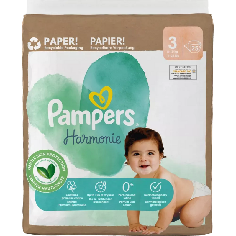 Couches Pampers Harmonie taille 3 Midi (6-10 kg), 25 pièces.