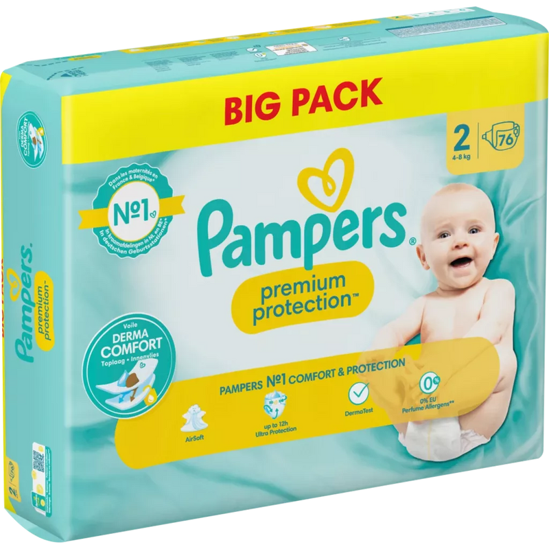 Pampers Luiers Premium Protection maat 2 Mini, New Baby (4-8 kg), Grootverpakking, 76 stuks.