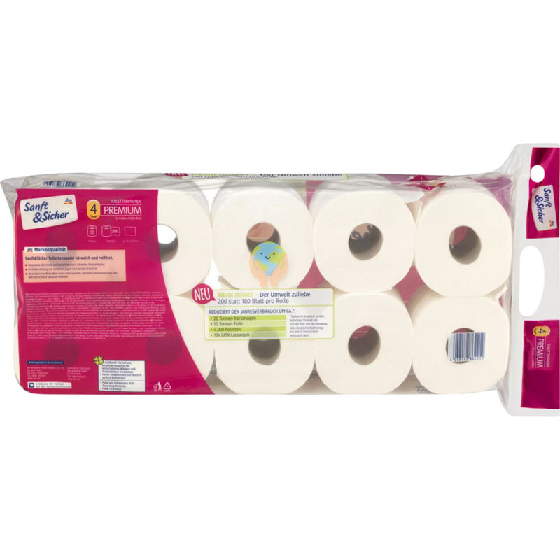 Sanft&Sicher Toiletpapier Premium 4-laags (10x200 vellen), 10 stuks.