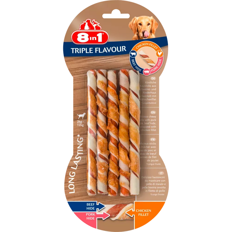 8in1 Snack voor honden, Triple Flavour Twisted Sticks, 10 stuks