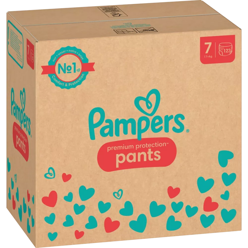 Pampers Babybroek Premium Protection Maat 7 Extra Large (17+ kg), maandelijkse doos, 123 stuks.