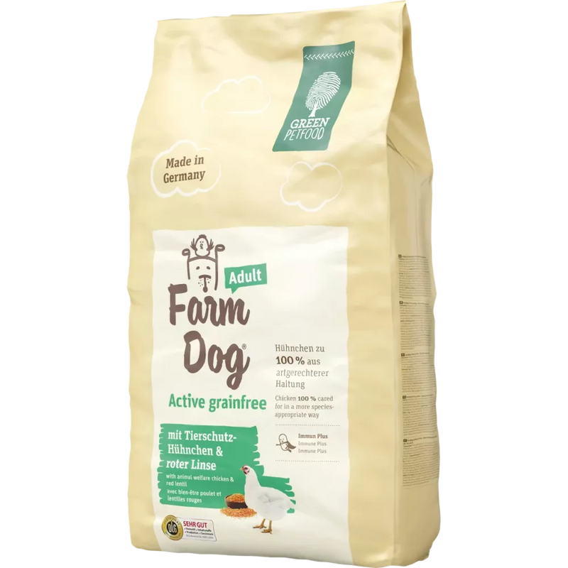 Green Petfood FarmDog Active graanvrij, honden droogvoer, adult, met dierenwelzijn kip & rode linzen, 10 kg
