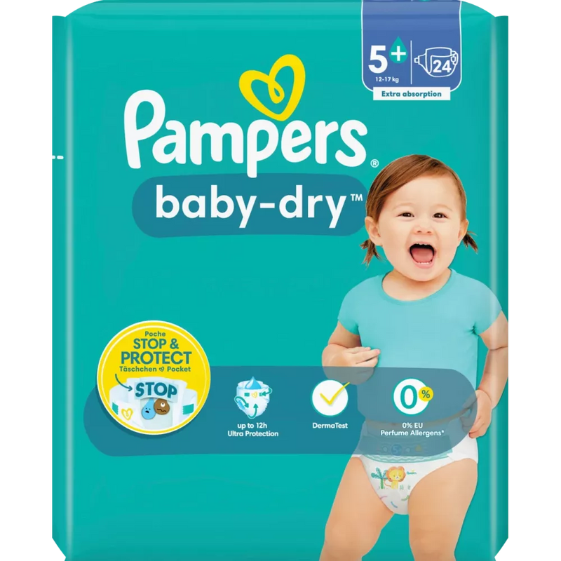 Pampers Luiers Baby Dry maat 5+ Junior Plus (12-17 kg), 24 stuks.