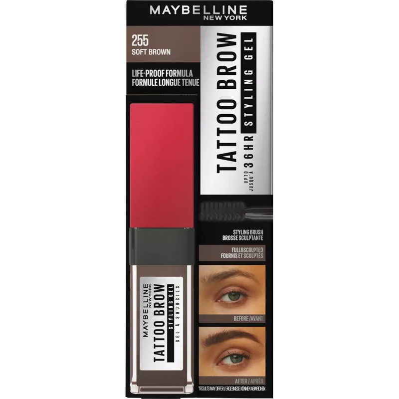 Maybelline New York Wenkbrauw Gel Tattoo Brow 36H Nr. 255 Zacht Bruin, 6 ml