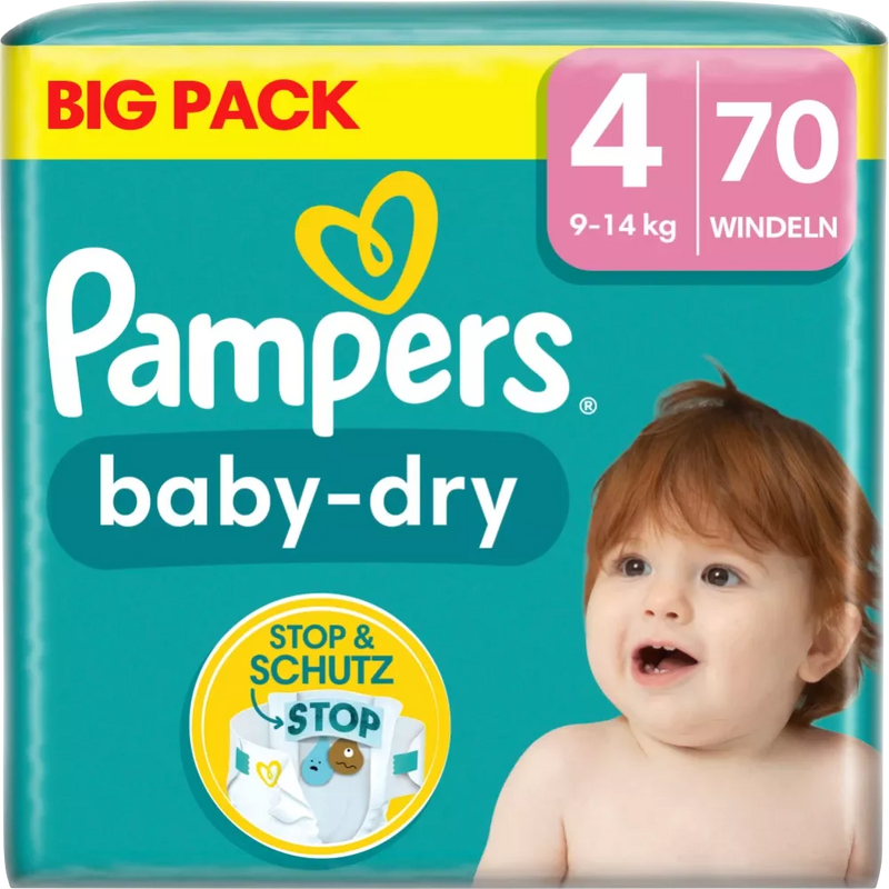 Pampers Luiers Baby Dry maat 4 Maxi (9-14 kg), Grootverpakking, 70 stuks.