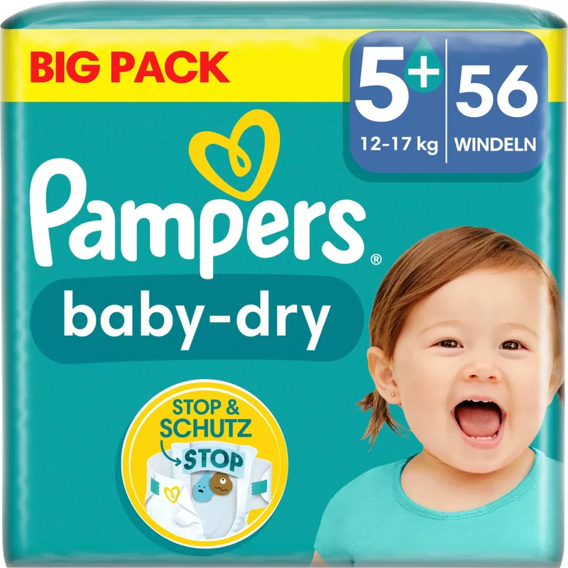 Pampers Luiers Baby Dry Gr.5+ Junior Plus (12-17 kg), grootverpakking, 56 stuks.