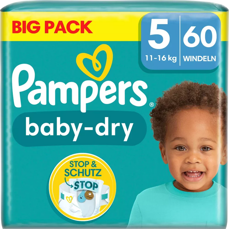 Couches Pampers Baby Dry taille 5 Junior (11-16 kg), paquet en vrac, 60 pièces.