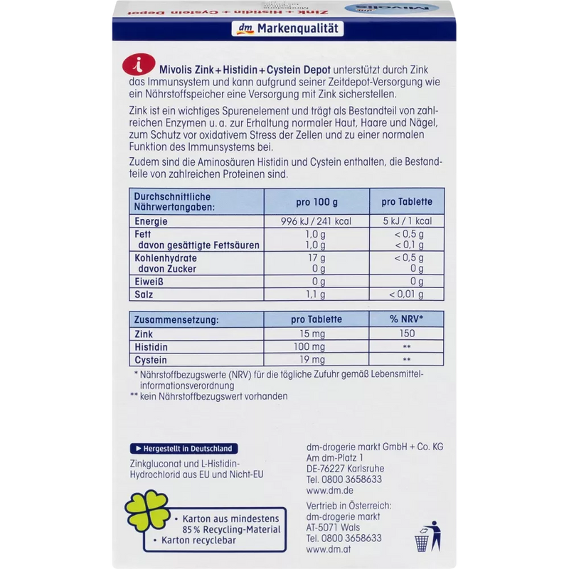 Mivolis Zink + Histidine + Cysteïne Depot, tabletten 40 stuks, 19 g