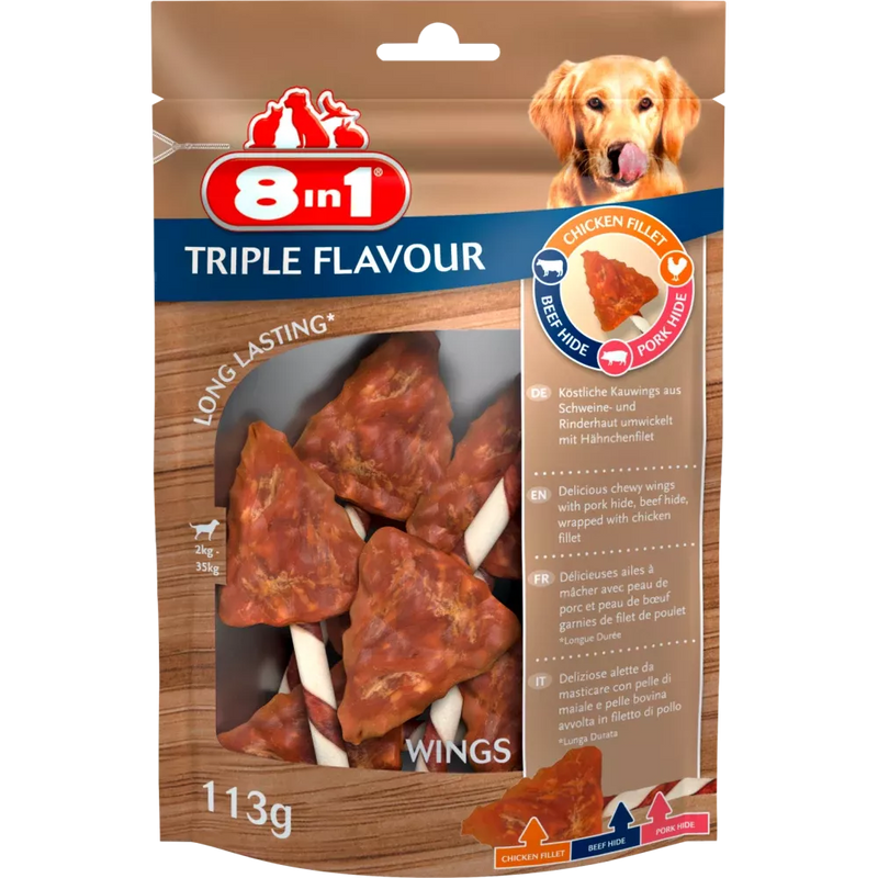 8in1 Snack voor honden, Triple Flavour Wings, 6 stuks