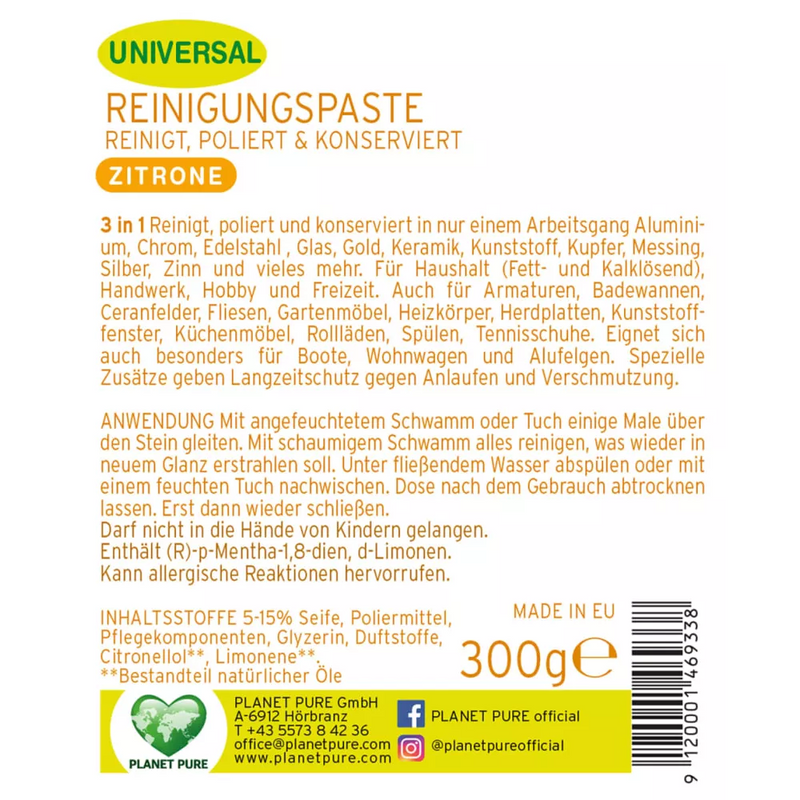 Planet Pure Universele reinigingspasta verse citroen, 300 g