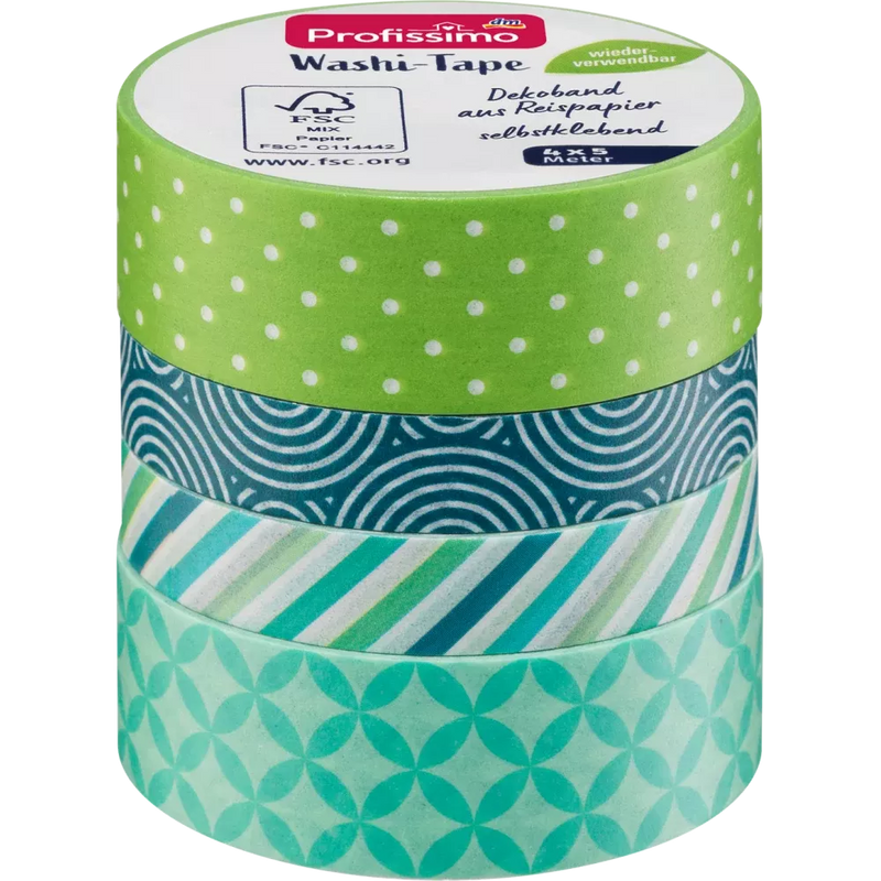 Profissimo Washi tape "Groen/Blauw", 4 stuks.