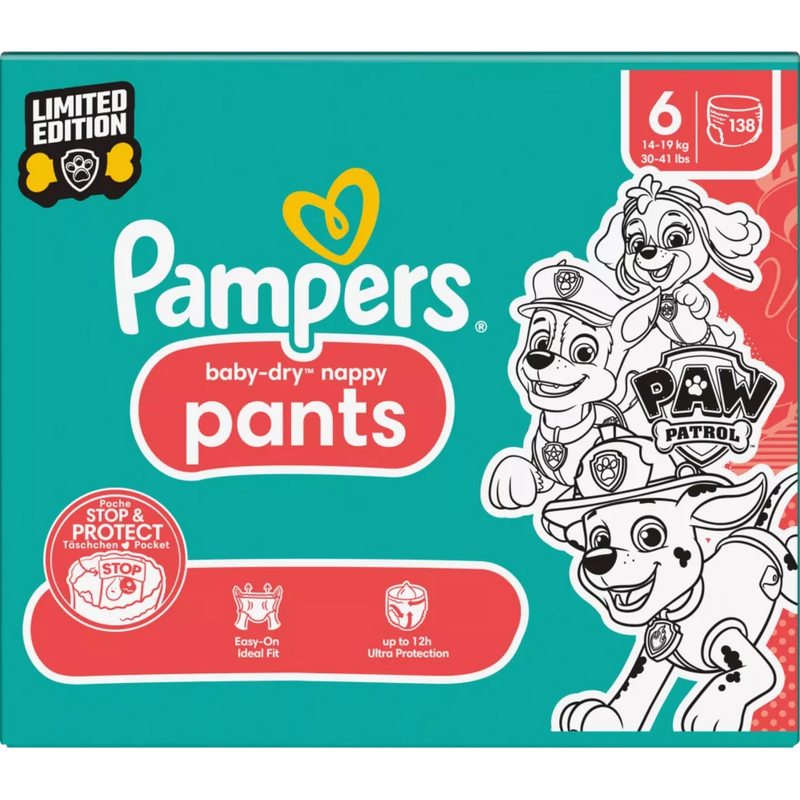 Pampers Baby Pants Baby Dry Gr.6 Extra Large (14-19 kg) Limited Edition Paw Patrol, maandelijkse doos, 138 stuks.