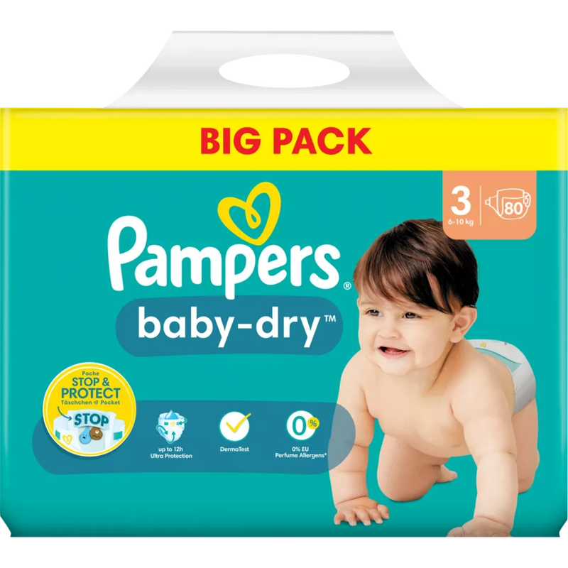 Pampers Luiers Baby Dry maat 3 Midi (6-10 kg), Grootverpakking, 80 stuks.