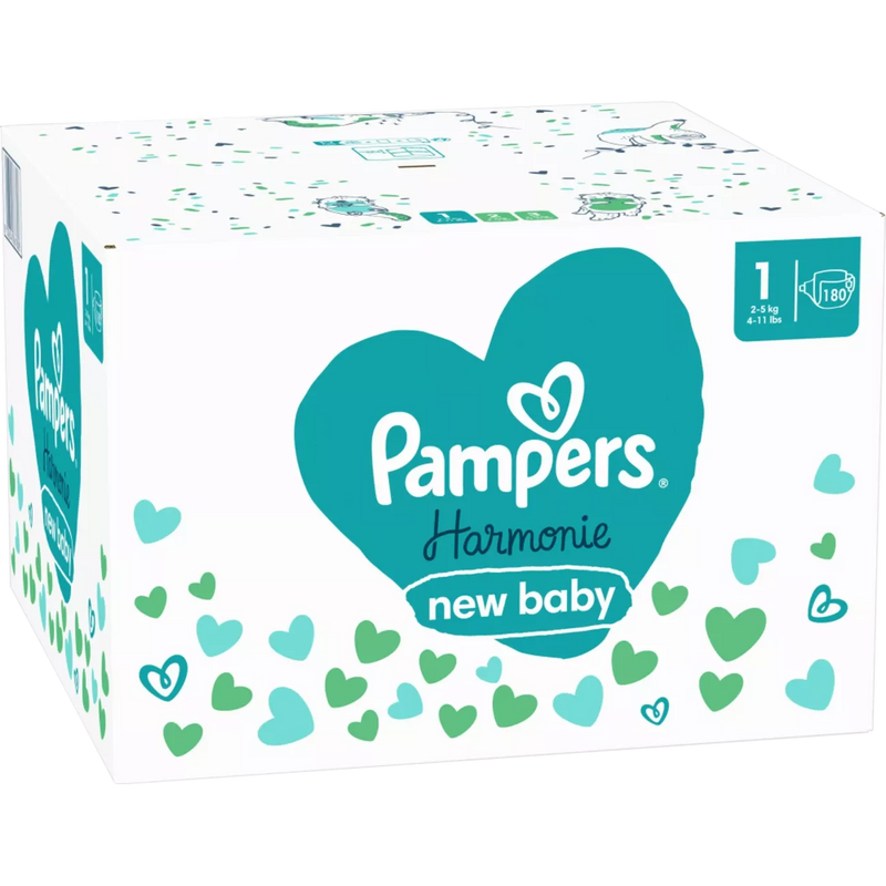 Pampers Luiers Harmonie maat 1 Newborn (2-5 kg), maandelijkse doos, 180 stuks.