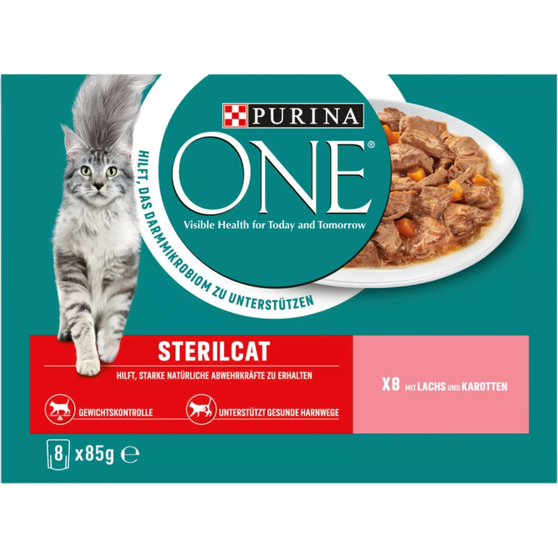 PURINA ONE Nat Kattenvoer Sterilcat met Zalm & Wortelen, Multipack (8x85 g), 680 g