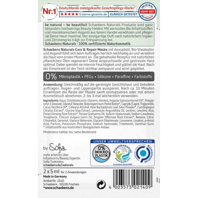 Schaebens Gezichtsmasker Naturals Verzorging & Herstel, 10 ml