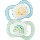 Sucette nouveau-né symétrique en silicone, taille 0, éléphant/arc-en-ciel, 2 pièces.