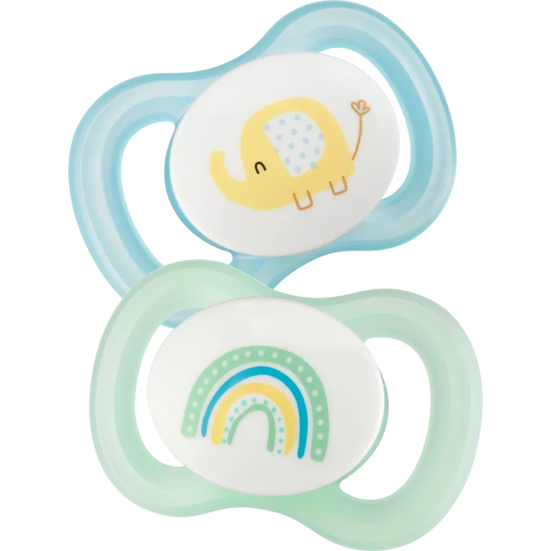 babylove Pasgeboren fopspeen symmetrisch silicone, maat 0, olifant/regenboog, 2 stuks.