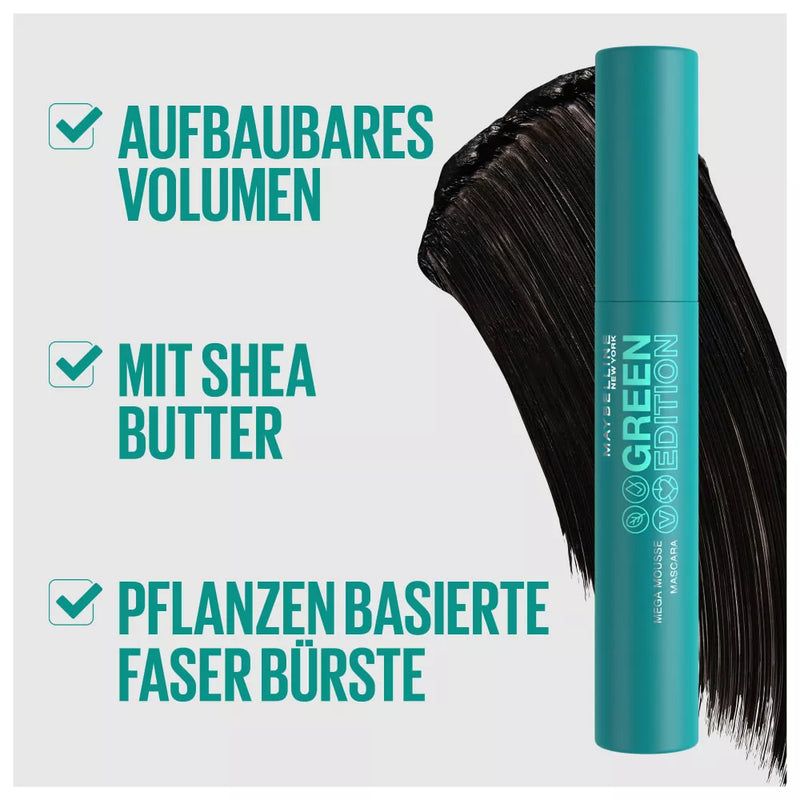 Maybelline New York Mascara Green Edition Mega Mousse 001 Blackest Black, 9 ml