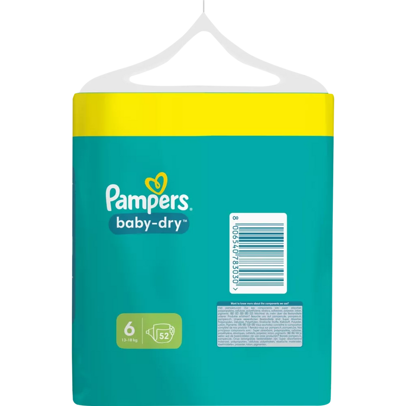 Pampers Luiers Baby Dry Gr.6 Extra Large (13-18 kg), grootverpakking, 52 stuks.