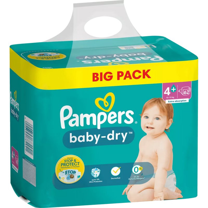 Pampers Luiers Baby Dry Gr.4+ Maxi Plus (10-15 kg), grootverpakking, 62 stuks.