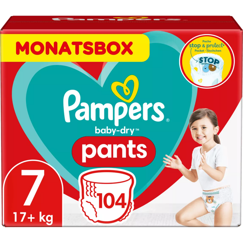 Pampers Luierbroekjes Baby Dry Gr.7 Extra Large, 17+kg, maandelijkse doos, 104 stuks