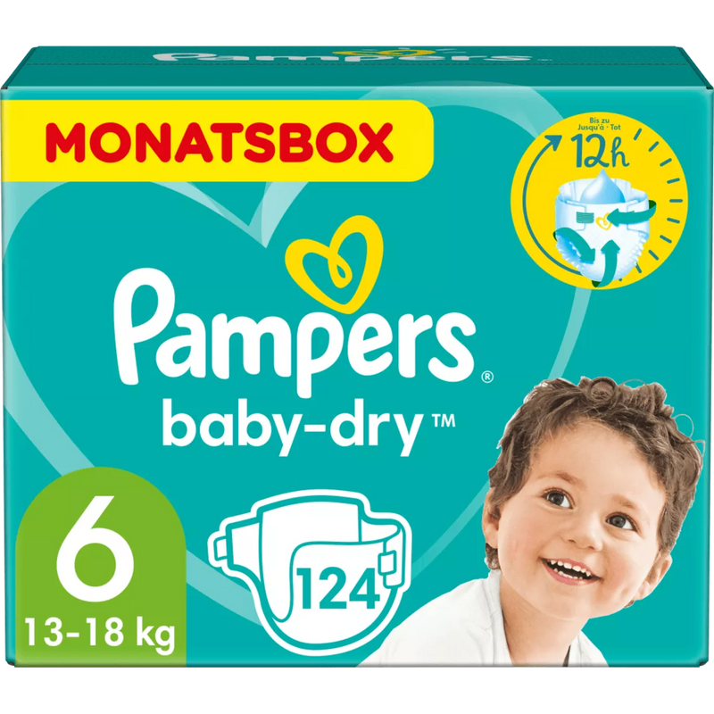 Pampers Luiers Baby-Dry maat 6 Extra Large, 13-18 kg, maandbox, 124 stuks