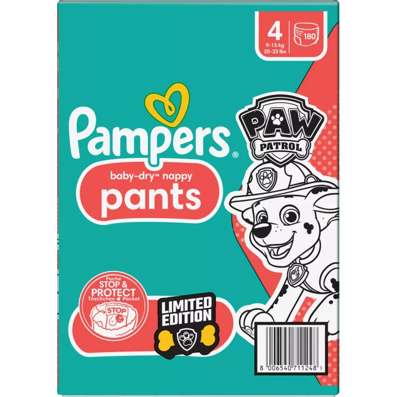 Pampers Baby Pants Baby Dry Gr.4 Maxi (9-15 kg) Limited Edition Paw Patrol, maandelijkse doos, 180 stuks.