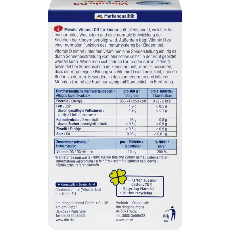 Mivolis Vitamine D3 voor kinderen, kauwtabletten 60 stuks, 51 g